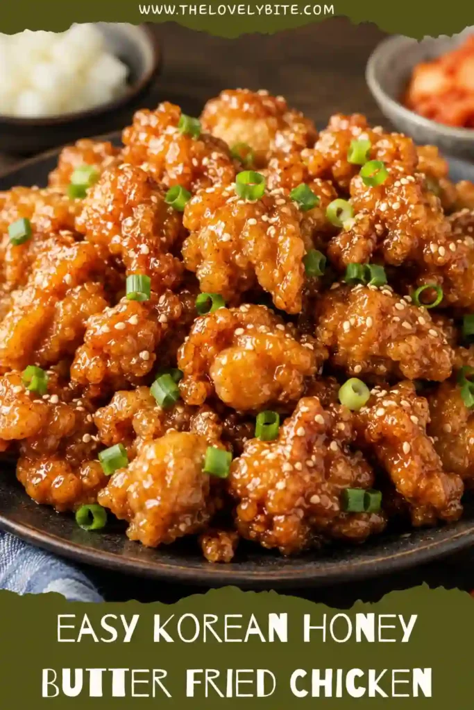 Homemade Korean fried chicken coated with a glossy honey butter sauce and garnished with sesame seeds and green onions. The chicken has a crunchy golden exterior.