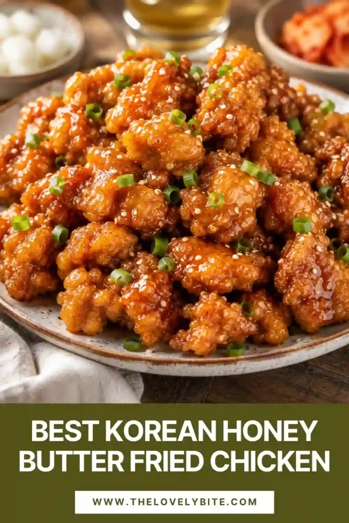 Korean Honey Butter Fried Chicken served hot with a sticky garlic butter glaze, sesame seeds, and chopped green onions. The chicken pieces have a crisp golden coating.