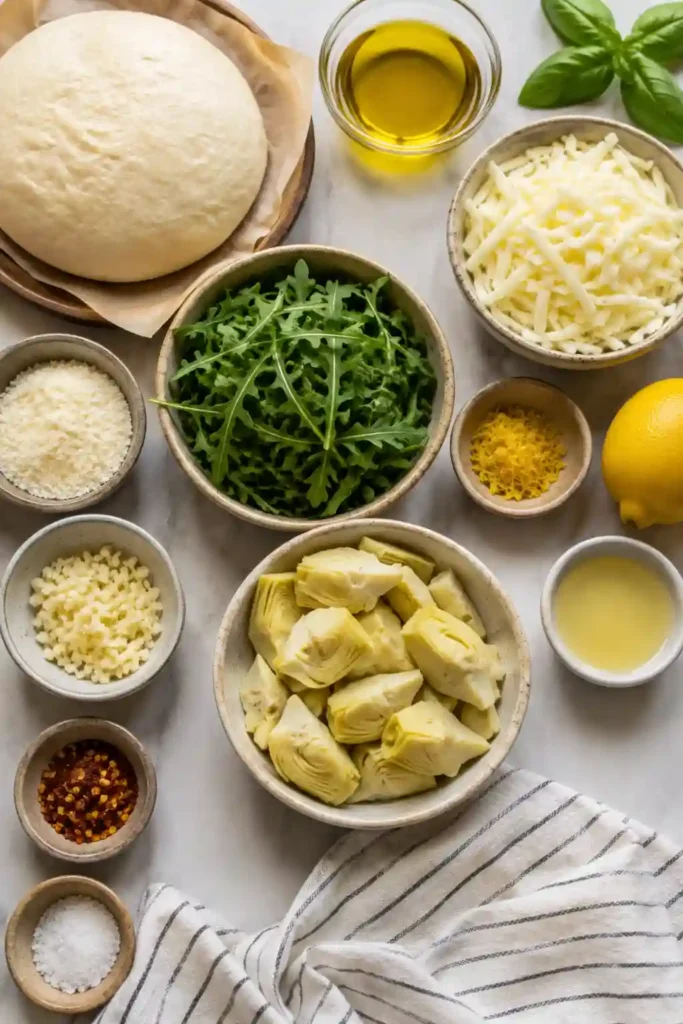 A freshly baked Lemon Artichoke Arugula Pizza with melted mozzarella, golden artichoke hearts, lemon zest, and fresh arugula on a crisp crust. Parmesan and basil finish the colorful homemade pizza.