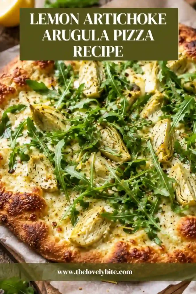 Lemon Artichoke Arugula Pizza sliced into wedges, showing melted mozzarella and tender artichoke hearts over a golden crust. Fresh arugula and Parmesan create a colorful vegetarian pizza topping.