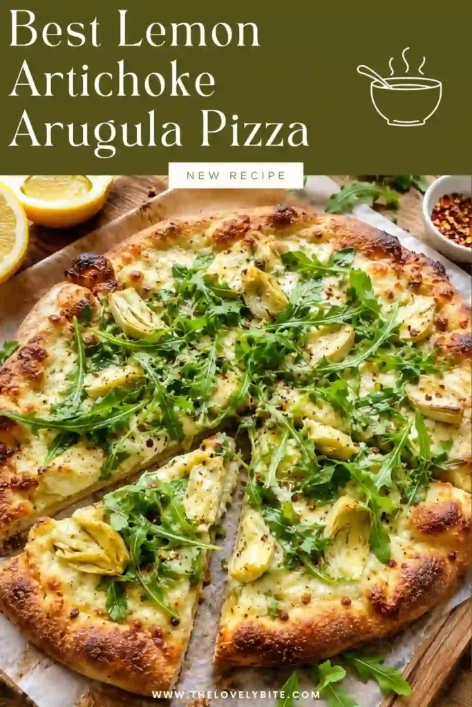 A close-up of Lemon Artichoke Arugula Pizza with bubbly mozzarella, garlic, artichoke hearts, lemon zest, and peppery arugula. The crisp crust is finished with grated Parmesan and fresh basil.