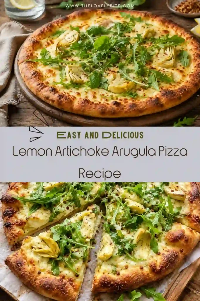 Homemade Lemon Artichoke Arugula Pizza served in golden slices with mozzarella, artichoke hearts, Parmesan, and fresh arugula. Lemon and garlic add bright, savory flavor to this vegetarian pizza.