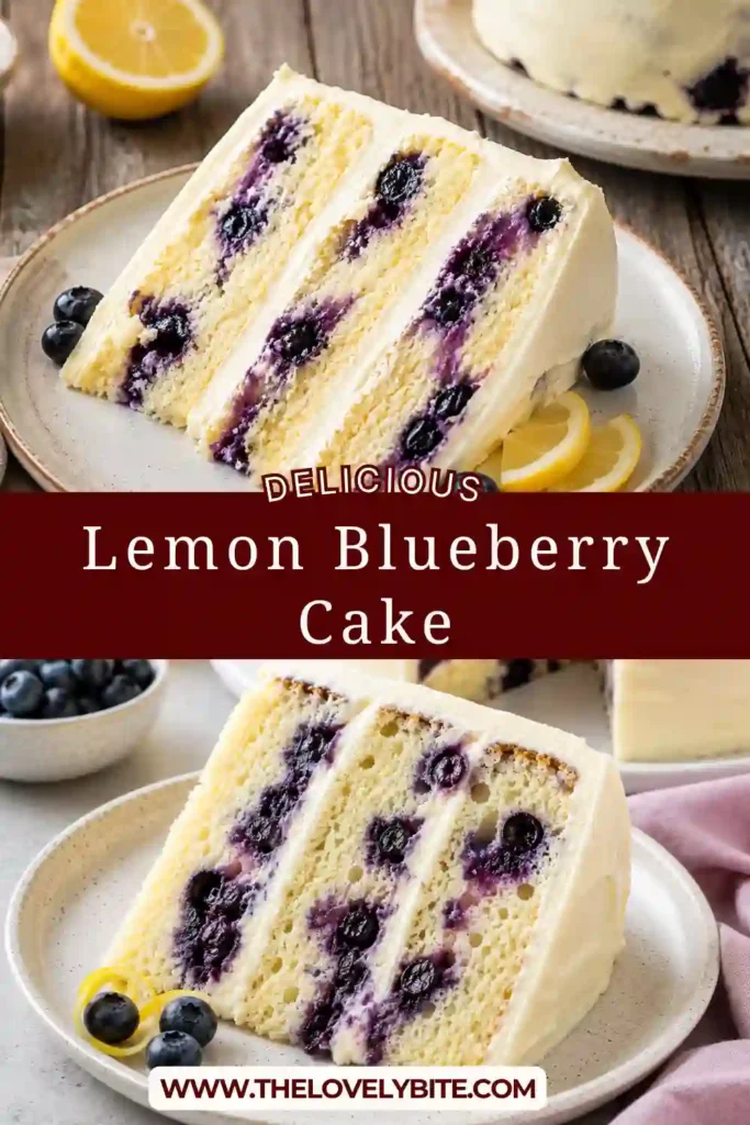 Homemade Lemon Blueberry Cake sliced to show its moist crumb and fresh blueberries. The cake is decorated with lemon cream cheese frosting and additional blueberries.