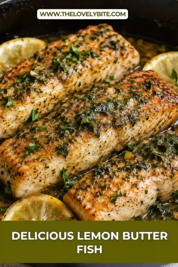 Pan-seared white fish covered in homemade lemon butter sauce and garnished with fresh parsley. Lemon slices add a bright finishing touch to this easy fish dinner.