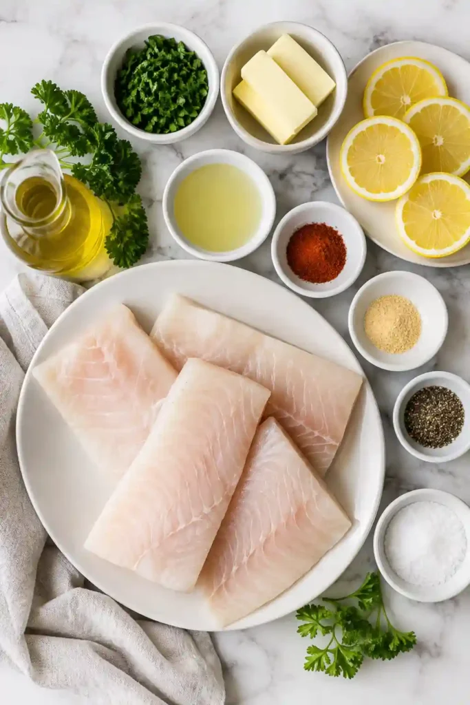 Seasoned white fish fillets simmering gently in lemon butter sauce with parsley and lemon slices. This pan-seared fish makes a simple and flavorful seafood dinner.