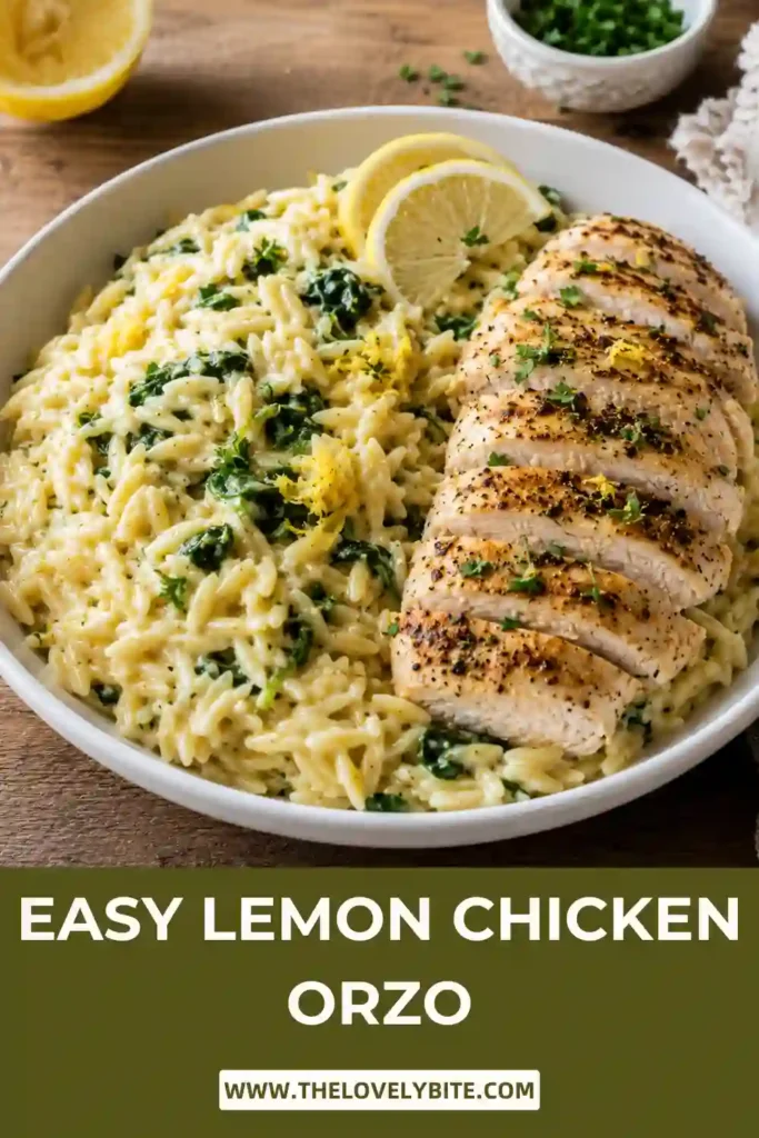 Creamy chicken and spinach orzo cooked in one skillet with fresh lemon juice and Parmesan cheese. Garnished with parsley for a vibrant finish.