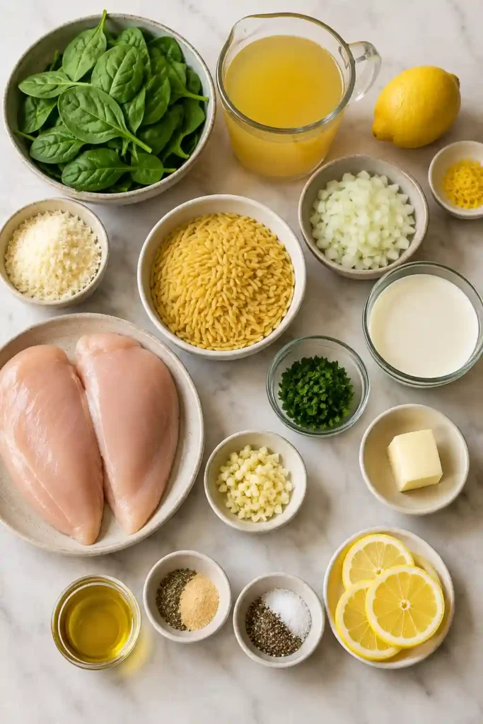 A bowl of creamy Lemon Chicken Orzo topped with sliced chicken, fresh parsley, grated Parmesan, and lemon slices. The rich, creamy sauce coats the orzo perfectly for a comforting family dinner.