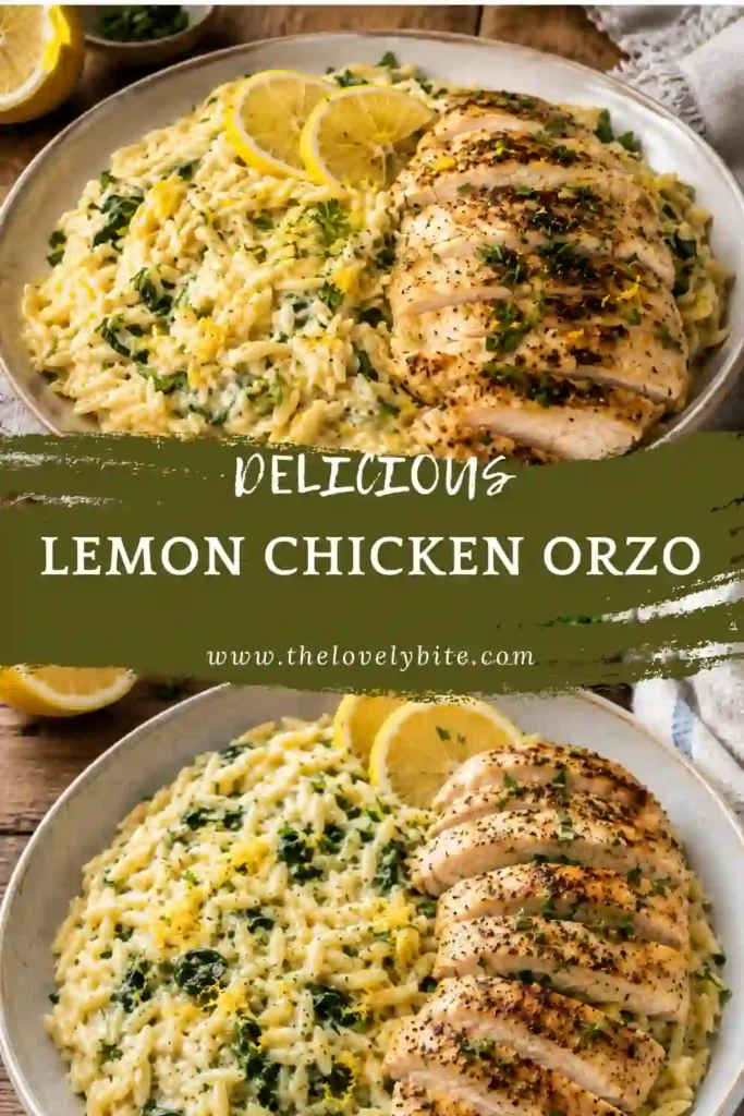 Close-up of Lemon Chicken Orzo featuring creamy pasta, sliced chicken breast, grated Parmesan, spinach, and lemon wedges. An easy homemade comfort food recipe.