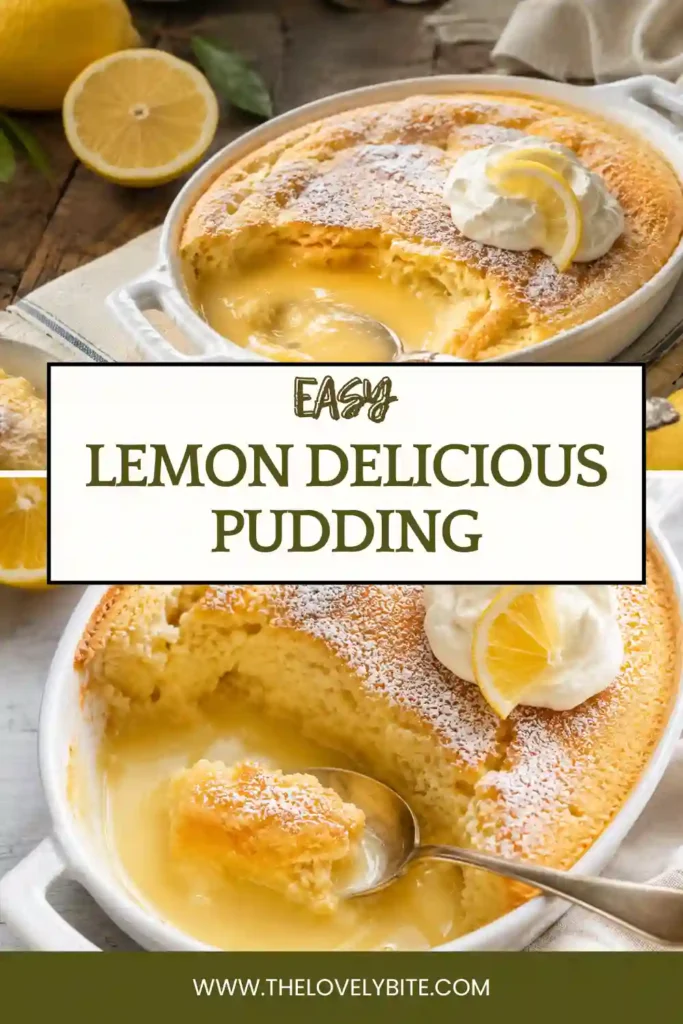 A spoonful of lemon self-saucing pudding reveals the fluffy baked layer and silky lemon custard sauce underneath. Fresh raspberries and mint provide a colorful garnish.