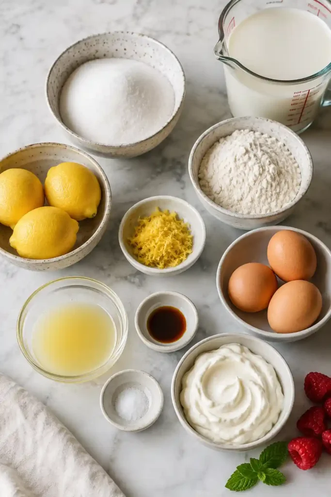 Lemon Delicious Pudding served warm in a white ceramic dish, showing its golden fluffy top and creamy lemon sauce underneath. The dessert is finished with icing sugar and fresh lemon slices.