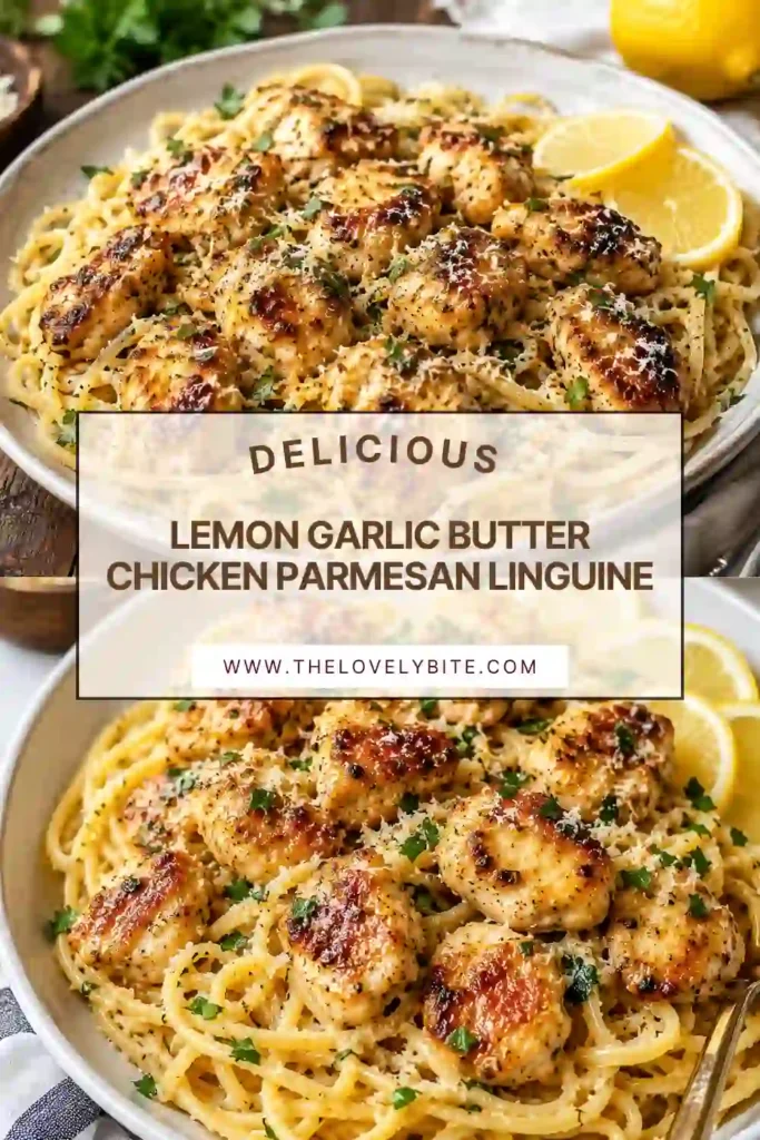 A plate of Lemon Garlic Butter Chicken Parmesan Linguine topped with juicy golden chicken, creamy Parmesan sauce, fresh parsley, and grated cheese. The pasta is coated in a silky lemon garlic butter sauce for a comforting homemade dinner.