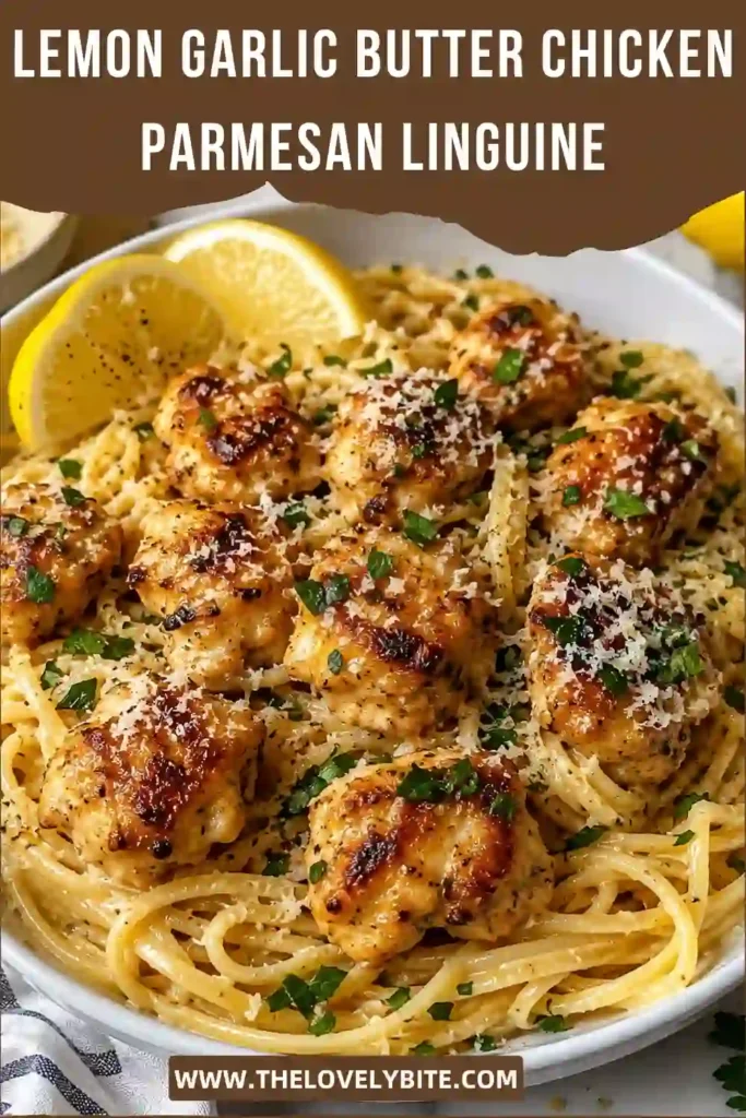 Homemade Lemon Garlic Butter Chicken Parmesan Linguine featuring perfectly cooked linguine in a creamy Parmesan sauce with juicy seasoned chicken and fresh parsley garnish.