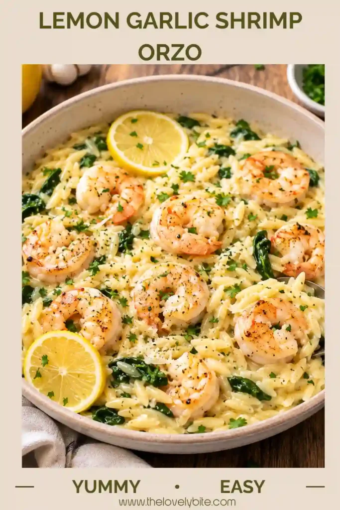 Creamy shrimp orzo made with large shrimp, fresh spinach, Parmesan cheese, garlic, and lemon. This one-pan shrimp dinner has a rich texture with a bright citrus finish.