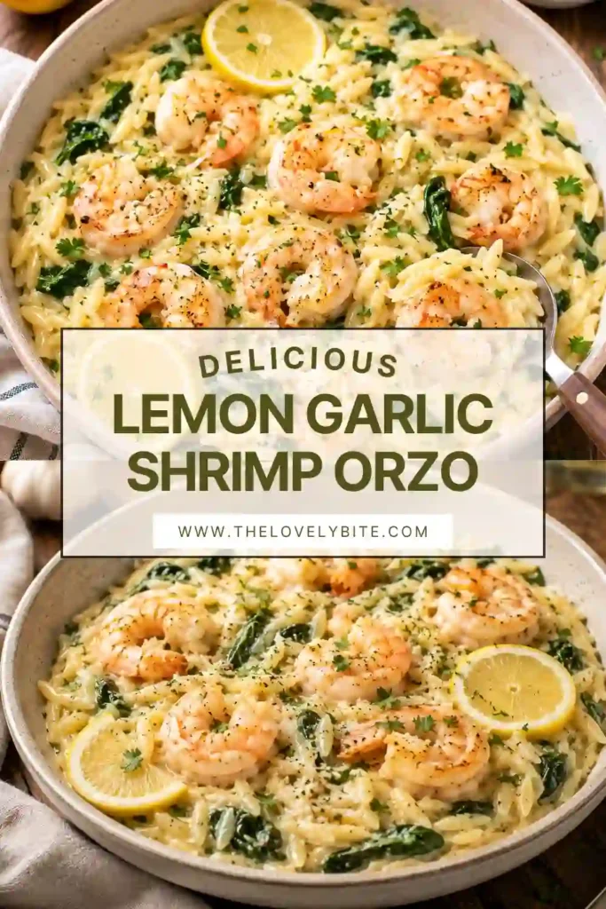 A skillet of Lemon Garlic Shrimp Orzo filled with juicy shrimp, spinach, Parmesan, garlic, and fresh lemon. The orzo is creamy and finished with chopped parsley.