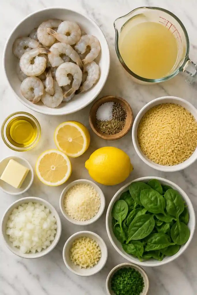 Tender garlic shrimp served with creamy lemon Parmesan orzo and baby spinach. Fresh parsley and lemon complete this easy 30-minute shrimp orzo recipe.