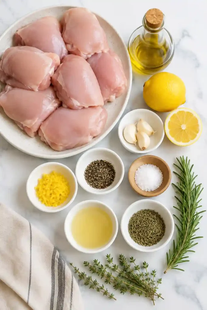 Freshly grilled Lemon Herb Grilled Chicken thighs served on a platter with lemon wedges and fresh herbs. The chicken has beautiful grill marks and a juicy, golden-brown finish.