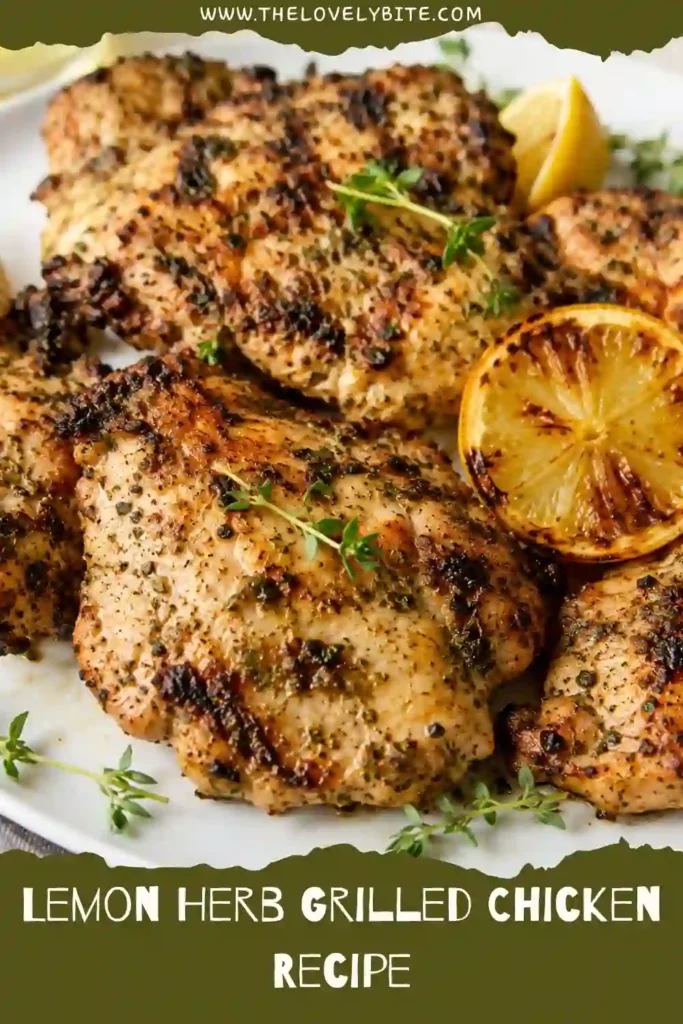 Close-up of Lemon Herb Grilled Chicken with caramelized grill marks and fresh parsley garnish. A flavorful grilled chicken recipe perfect for summer meals.