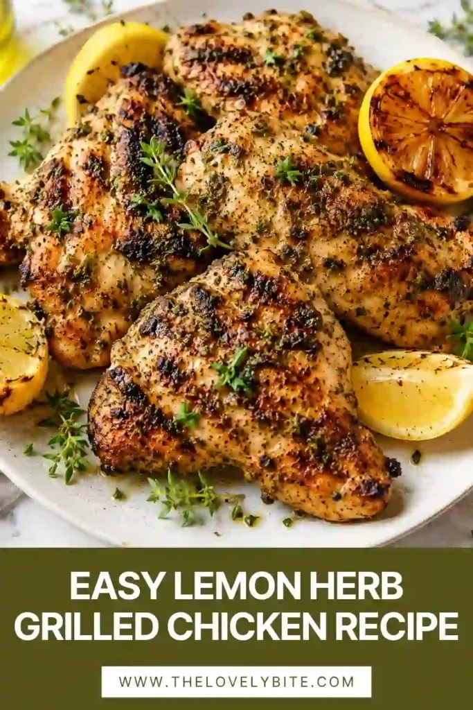 Tender Lemon Herb Grilled Chicken served alongside grilled vegetables and lemon slices. An easy grilled chicken recipe packed with fresh citrus and herbs.