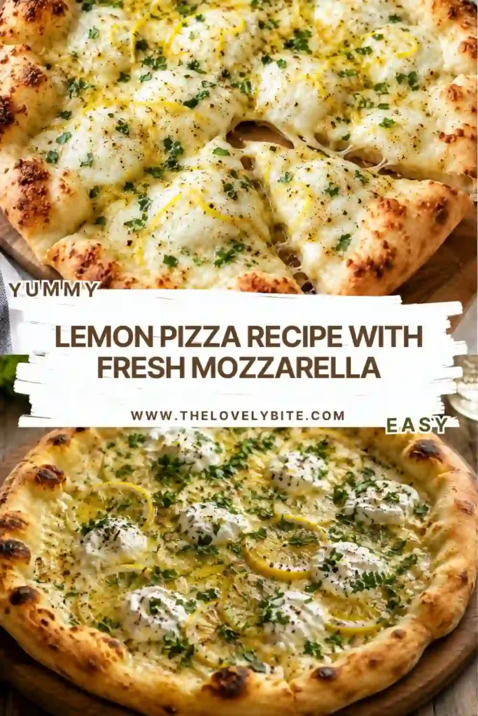 A golden lemon pizza topped with melted fresh mozzarella, Parmesan, parsley, and black pepper on a crisp crust. Bright lemon and fresh herbs give this homemade pizza a fresh, savory appearance.
