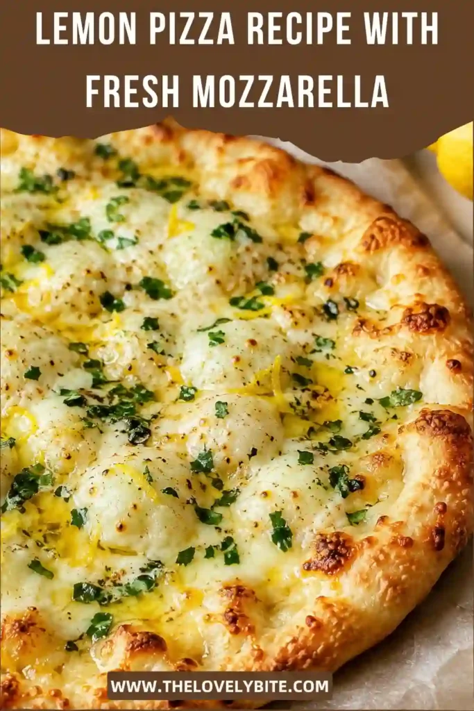 Fresh mozzarella lemon pizza with parsley, garlic, lemon zest, and Parmesan baked on a golden crust. The melted cheese and fresh herbs create an inviting homemade pizza presentation.