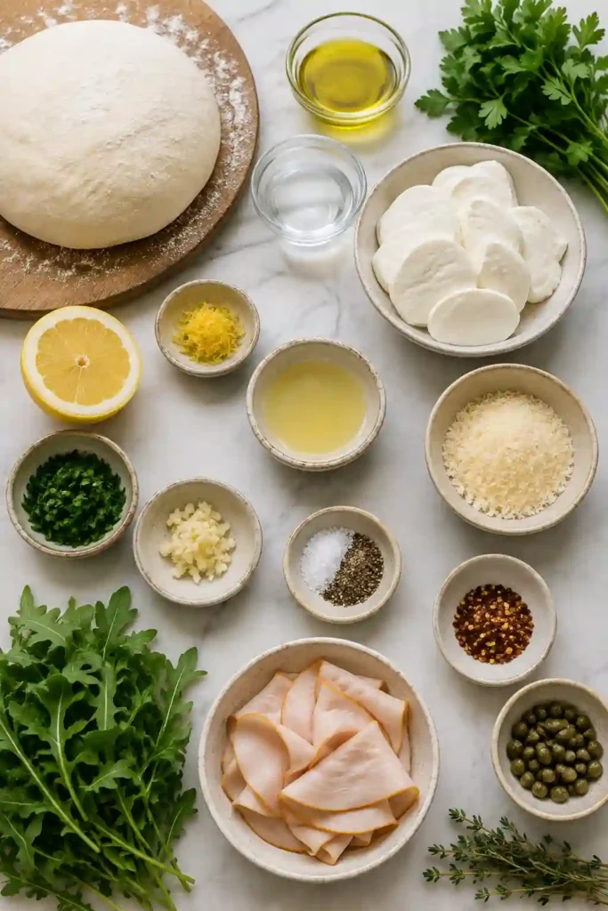 Easy lemon herb pizza topped with fresh mozzarella, parsley, Parmesan, and black pepper. The pizza has a golden crisp crust and a bubbly layer of melted cheese.
