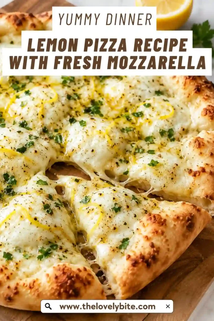Homemade lemon pizza with melted mozzarella, Parmesan, parsley, and black pepper served warm after baking. The thin golden crust contrasts with the creamy cheese topping.