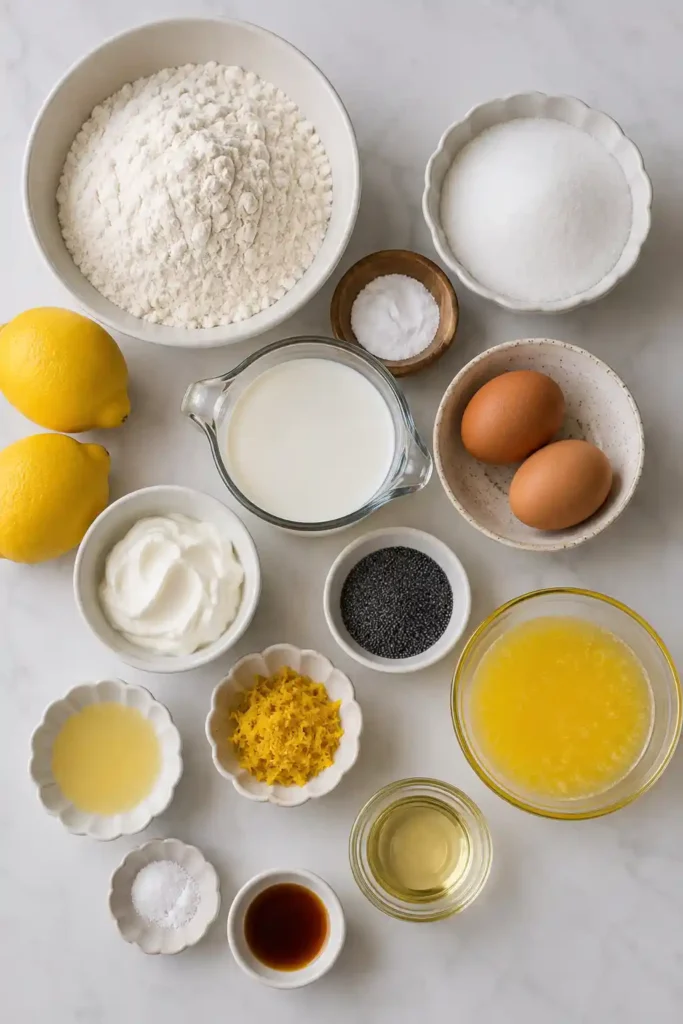Homemade Lemon Poppy Seed Muffins served warm with fresh lemons nearby. The muffins feature a tender crumb and bright citrus aroma.