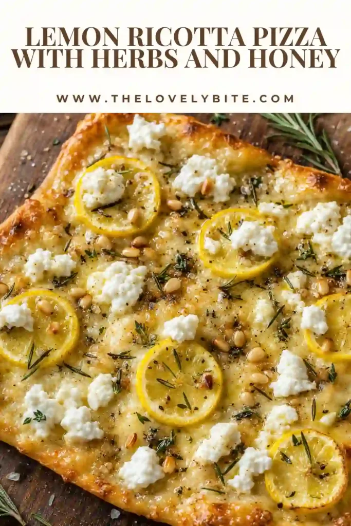 Homemade lemon ricotta pizza with caramelized onions, rosemary, sage and toasted pine nuts. Lavender honey is drizzled over the golden crust and creamy ricotta.