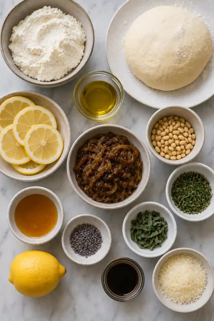 Lemon Ricotta Pizza with golden crust, creamy cheese, fresh herbs and thin citrus slices. Caramelized onion, pine nuts and lavender honey complete the savory-sweet pizza.