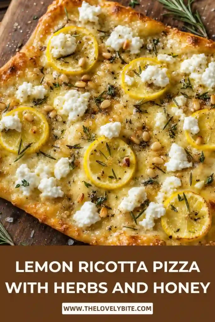 Lemon Ricotta Pizza with Herbs and Honey topped with creamy ricotta, thin lemon slices, caramelized onions and fresh rosemary. Pine nuts and a golden honey drizzle finish the white pizza.