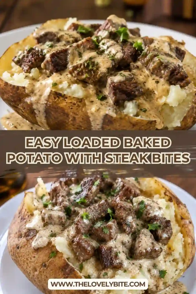 A loaded baked potato with steak bites sits on a plate, filled with fluffy russet potato and juicy Cajun-seasoned steak. Creamy Parmesan sauce and fresh parsley add rich color and flavor to this hearty steak and potatoes recipe.