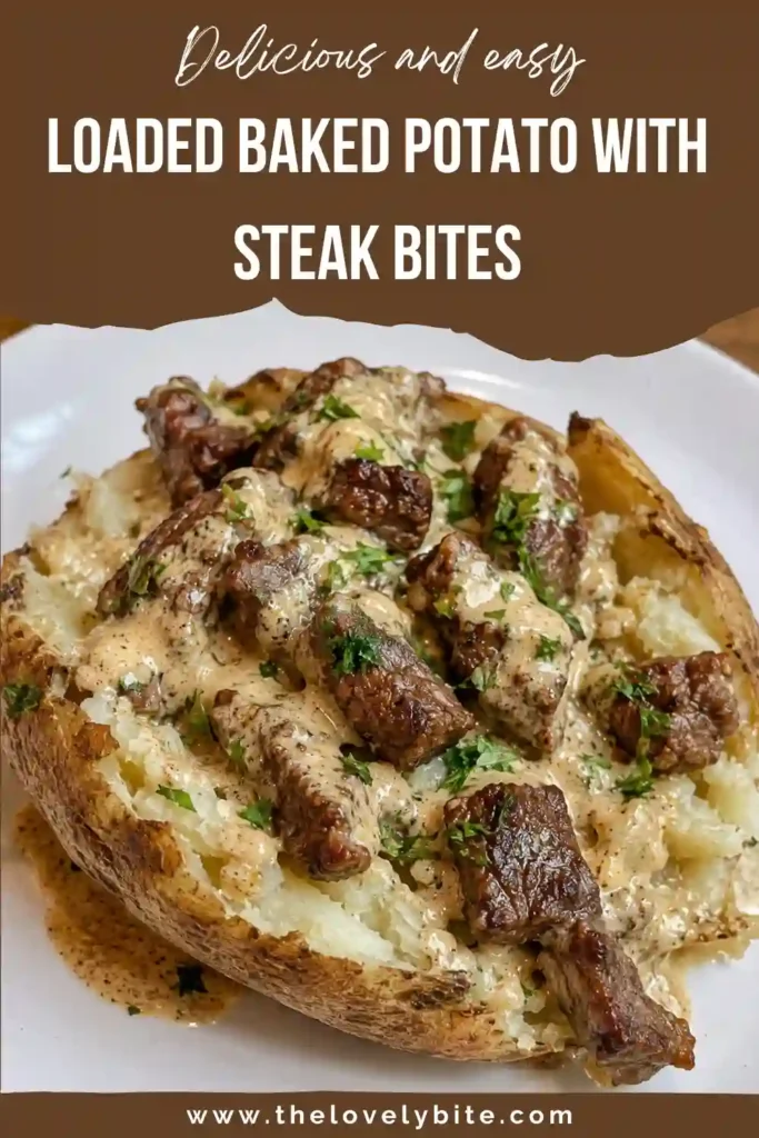 Loaded baked potato with steak bites featuring tender garlic-butter steak over a fluffy baked russet potato. The dish is finished with creamy Parmesan sauce, parsley, and a touch of red pepper flakes.