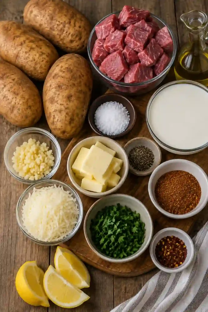 Loaded baked potato with steak bites served warm with garlic butter and Parmesan cream sauce. Fresh parsley and cracked black pepper finish this flavorful steak and potatoes dinner.