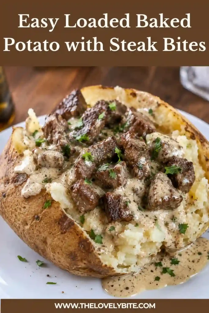 A hearty steak baked potato is topped with Cajun steak bites and creamy Parmesan sauce. The fluffy potato center contrasts with the browned steak pieces for a comforting easy steak dinner.