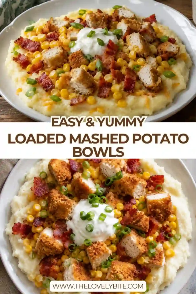 A bowl of Loaded Mashed Potato Bowls featuring creamy mashed potatoes topped with crispy chicken pieces, melted cheddar cheese, corn, turkey ham, and green onions. A dollop of sour cream finishes the colorful comfort-food meal.