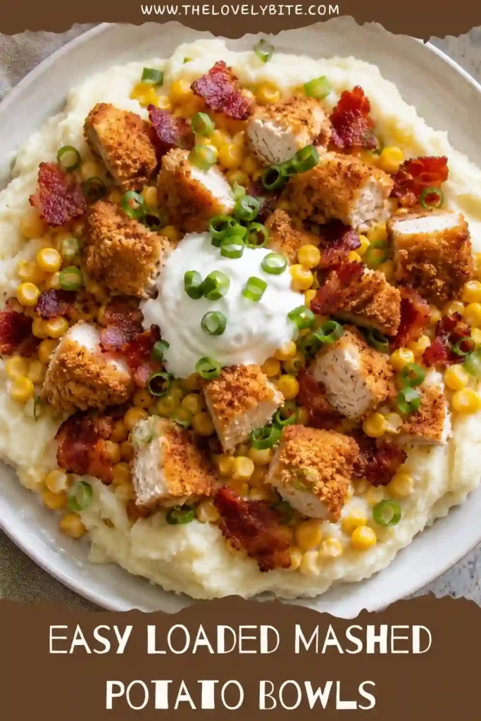 Loaded Mashed Potato Bowls served with golden chicken tenders, shredded cheddar, sweet corn, turkey ham, and green onions over creamy mashed potatoes. The bowl is finished with a spoonful of sour cream for a rich and comforting presentation.