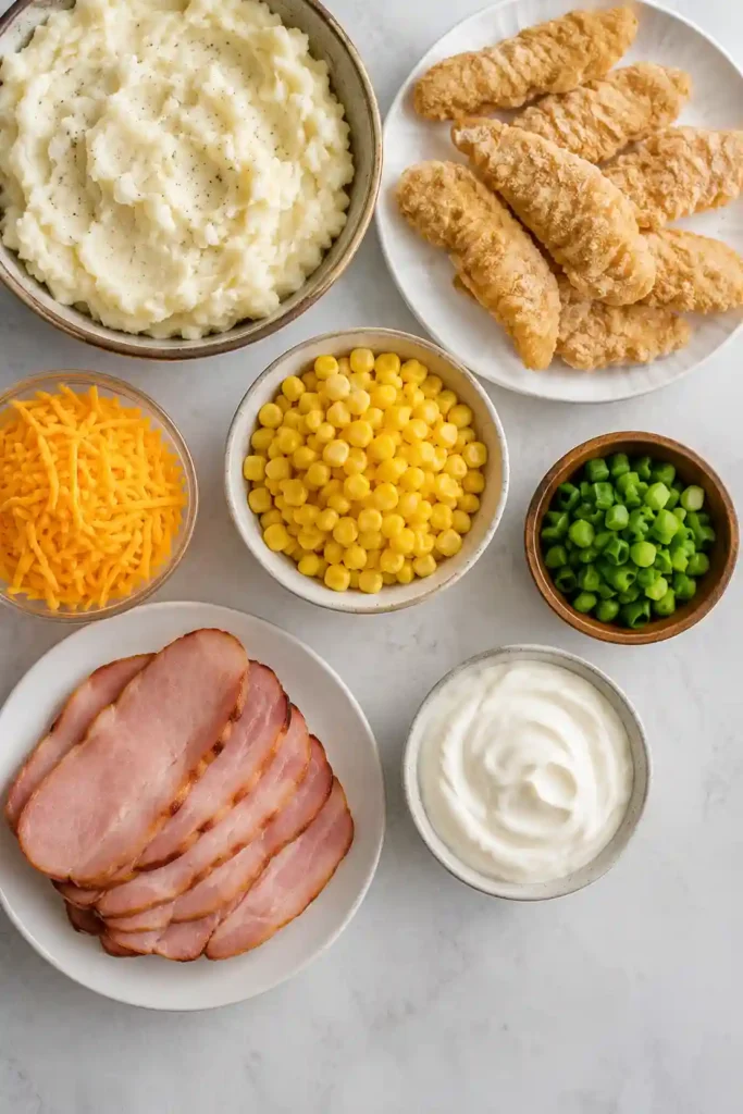 A hearty serving of Loaded Mashed Potato Bowls with creamy mashed potatoes, crispy chicken, melted cheddar, corn, turkey ham, green onions, and sour cream. The ingredients are layered together for an easy and satisfying comfort-food dinner.