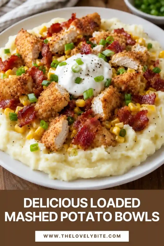 A comforting mashed potato bowl topped with crispy chicken, cheddar cheese, corn, turkey ham, diced green onions, and sour cream. This easy chicken potato bowl has colorful layers and a hearty homemade appearance.