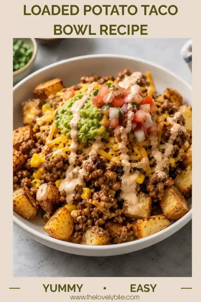 Ground beef taco bowl served over golden roasted potato chunks with corn, cheese, guacamole, fresh pico de gallo, and sour cream. The loaded potato bowl combines crisp, creamy, and savory textures.