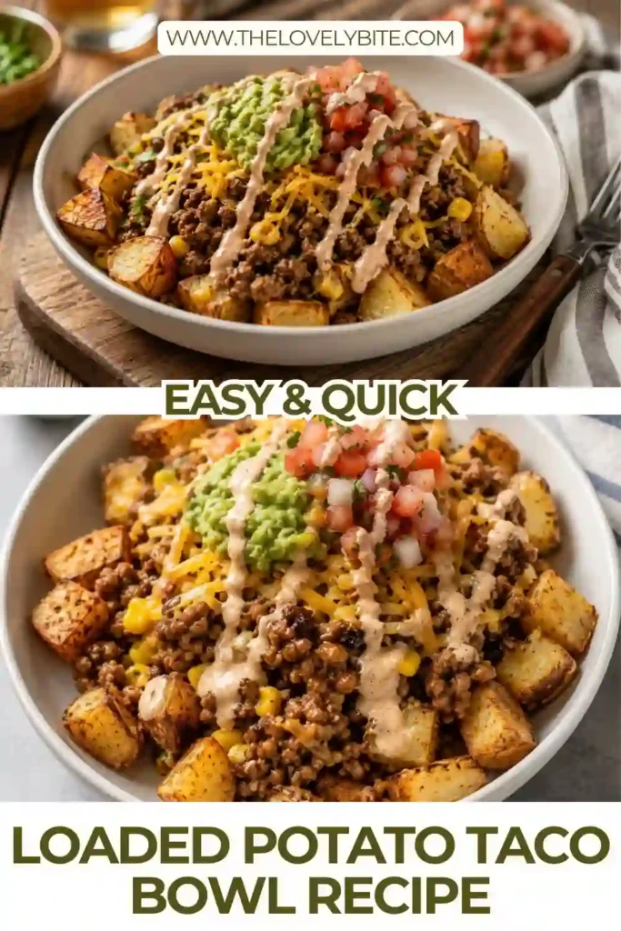 Crispy potato taco bowl topped with seasoned ground beef, golden corn, shredded cheddar, creamy guacamole, pico de gallo, and sour cream. The roasted potatoes create a hearty base for the taco toppings.