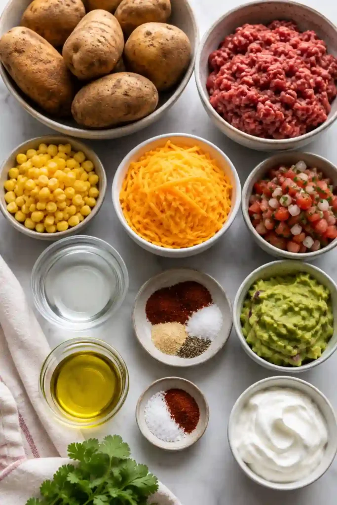 Mexican-inspired potato bowl featuring crispy oven-roasted potatoes and seasoned ground beef with colorful taco toppings. Cheddar, guacamole, pico de gallo, and sour cream complete the bowl.