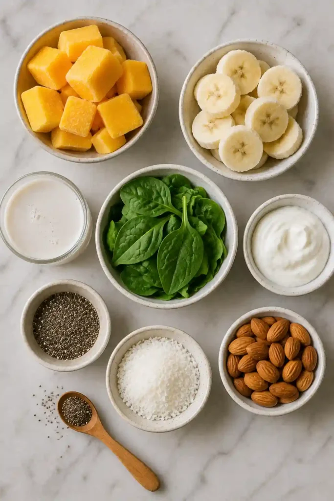 A thick mango coconut smoothie bowl decorated with mango cubes, chia seeds, coconut, and sliced almonds. The colorful breakfast bowl has a creamy tropical fruit base.