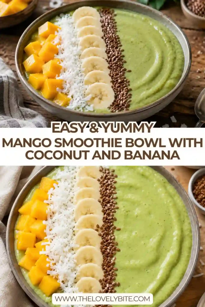 Creamy Mango Smoothie Bowl with bright yellow mango, coconut, chia seeds, and crunchy almonds arranged on top. This easy tropical breakfast has a thick, spoonable texture.