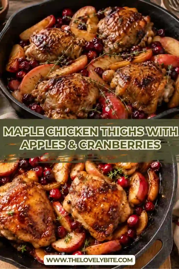 Maple Chicken Thighs baked with sliced apples and whole cranberries in a cast-iron skillet. The golden chicken is coated in a glossy maple glaze and garnished with fresh thyme.