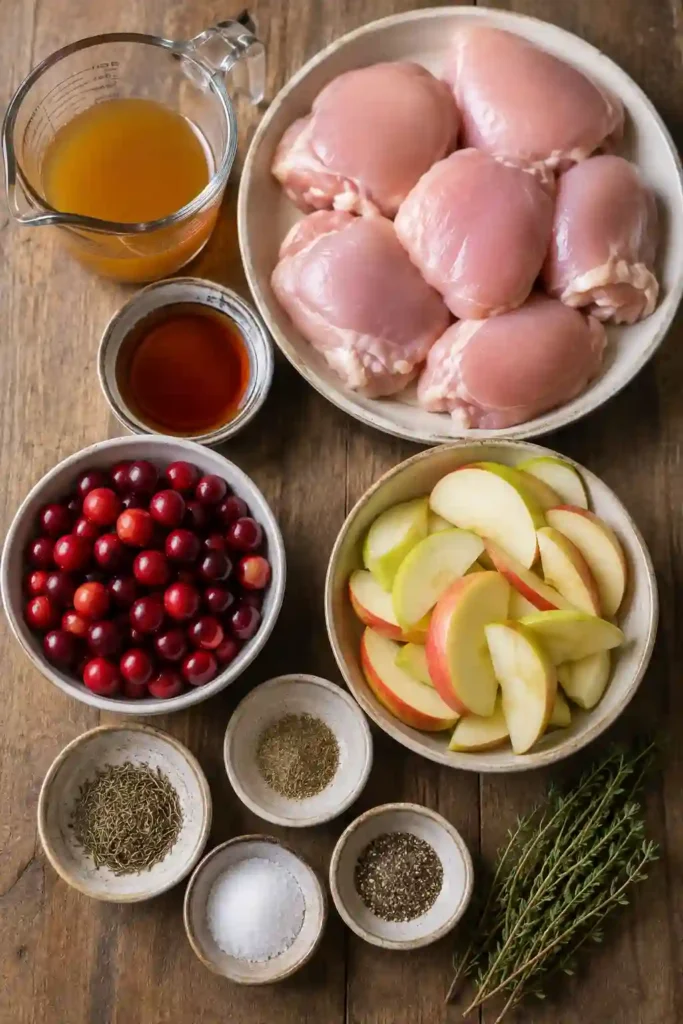 Baked chicken thighs with maple glaze, sliced apples, and fresh cranberries in a cast-iron pan. The dish has a golden, caramelized appearance with fresh thyme scattered throughout.