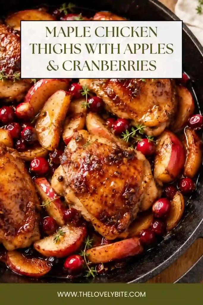A skillet of baked maple chicken thighs surrounded by apples, cranberries, and fresh thyme. The chicken has a golden-brown exterior and a sweet maple-apple glaze.