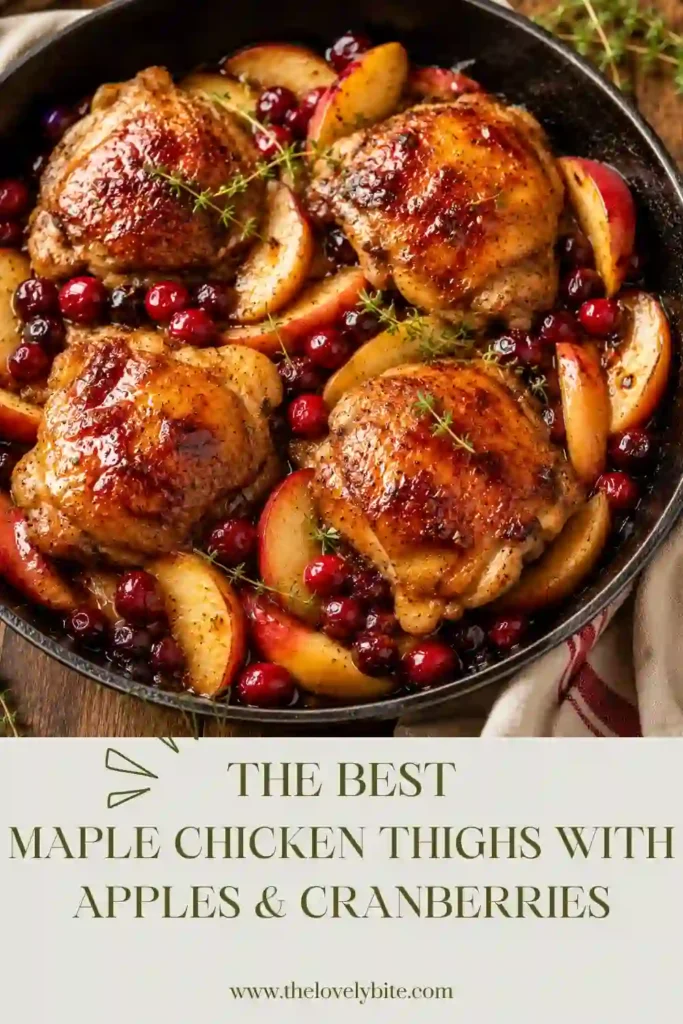 Maple Chicken Thighs served with caramelized apples and cranberries in a rustic baking skillet. Fresh thyme complements the maple glaze and golden-brown chicken.
