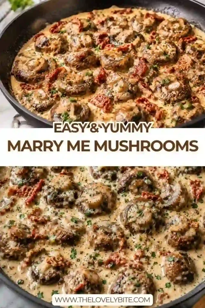 Creamy garlic Parmesan mushrooms served in a skillet with sun-dried tomatoes, basil, and red pepper flakes. The tender mushrooms are coated in a rich, savory cream sauce.