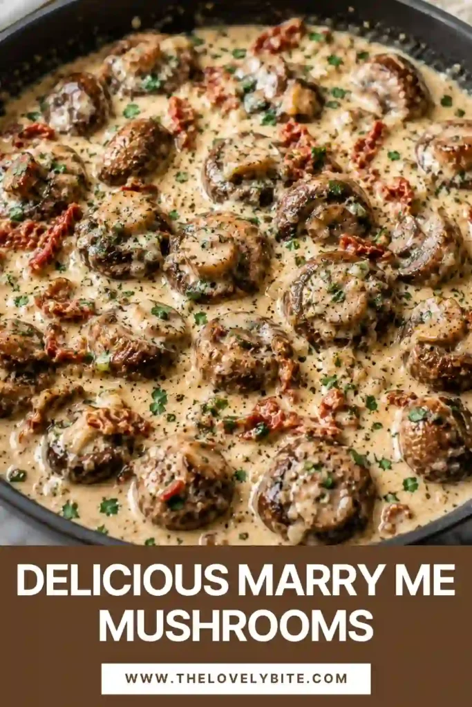 A comforting creamy mushroom recipe made with button mushrooms, garlic, Parmesan, sun-dried tomatoes, and fresh basil. The mushrooms are served in a rich skillet sauce.