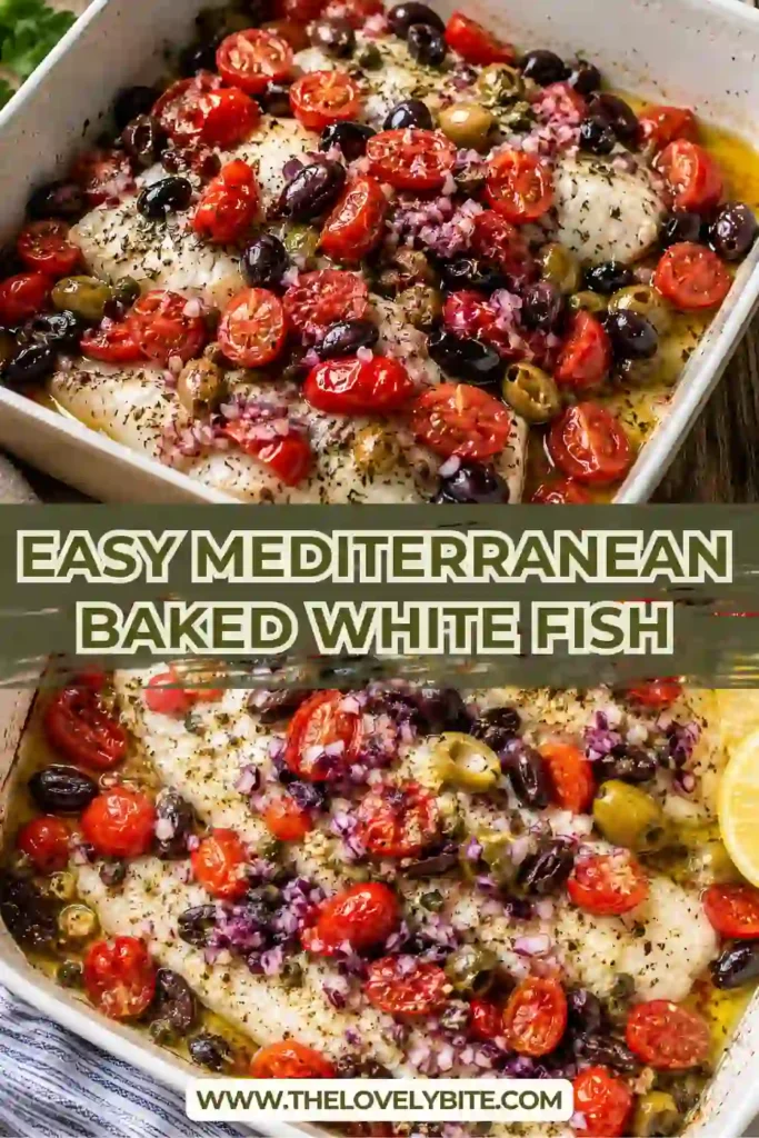 Oven baked white fish topped with cherry tomatoes, mixed olives, red onion, garlic, and Mediterranean herbs. The healthy baked fish is finished with fresh lemon for a bright, savory flavor.